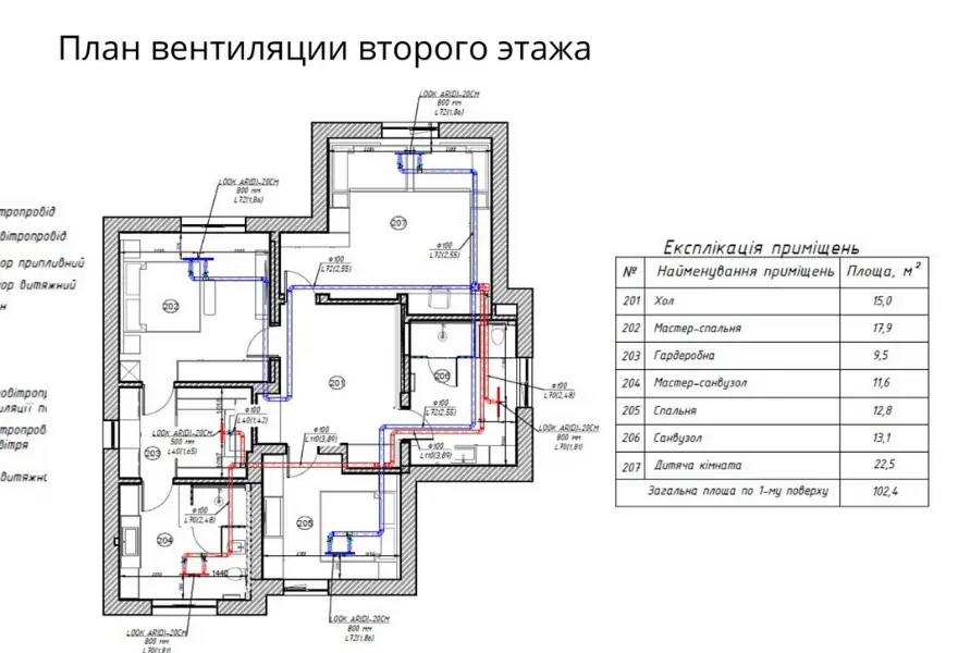 Креслення системи вентиляції на другому поверсі