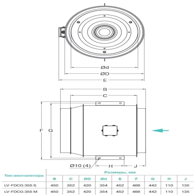 Кабаритный чертёж канального вентилятора Lessar LV- FDCG 355, фото - 3