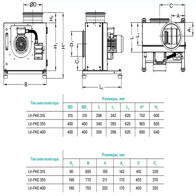 Габаритне креслення кухонного вентилятора Lessar LV-FKE 315/4/3, фото - 3
