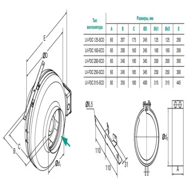 Розміри вентилятора Lessar LV-FDC ECO 125, фото - 2
