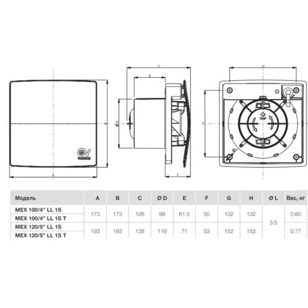 Габарити вентилятора Punto Evo Flexo MEX 100/4 "LL 1S від Vortice, фото - 5